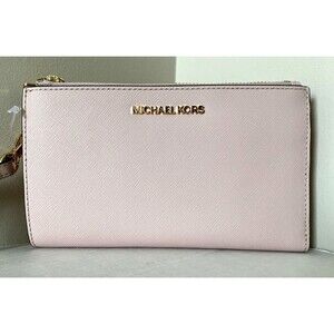 New Michael Kors Jet Set Travel Double zip wristlet wallet Leather Powder Blush